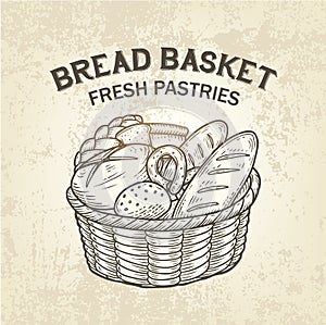 Composition of bread basket. Vector sketch of baking colllection, realistic, simple design.