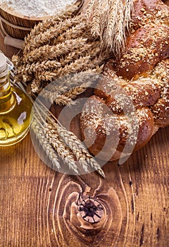 Composition bread bottle oil wheat ears flour in