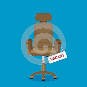 Composition with brown office chair and sign vacant. Business hiring and recruiting concept. Flat vector illustration