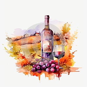 Composition of bunch of pink grapes, red wine bottle and wine glass on landscape with hills background. Watercolor or aquarelle