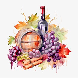 Composition of bunch of pink grapes, red wine bottle and wooden barrel on leaves background. Watercolor or aquarelle painting