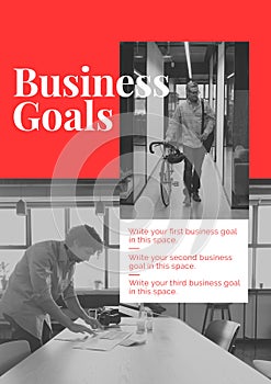 Composition of business goals text over caucasian businessmen in office