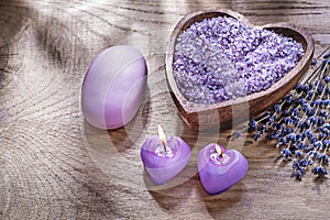 Composition of candles wooden spoon sea salt scented lavender pi