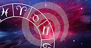 Composition of capricorn star sign symbol in spinning zodiac wheel over glowing stars