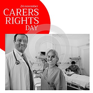 Composition of carers rights day text with diverse doctors and patients