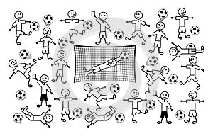 Composition of cartoon drawings of little men. Football and soccer. Vector picture.
