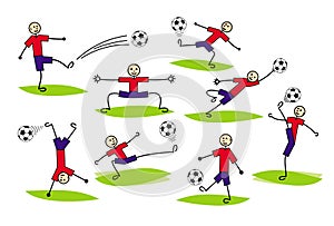 Composition of cartoon drawings of players. Football and soccer. Vector.