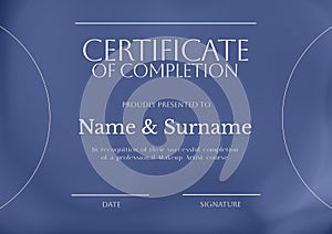 Composition of certificate of completion text with copy space on blue background