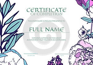 Composition of certificate of completion text with copy space on floral pattern background