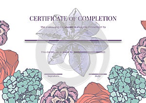 Composition of certificate of completion text with copy space on flowers on white background