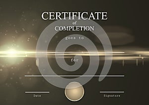 Composition of certificate of completion text with copy space on glowing light background