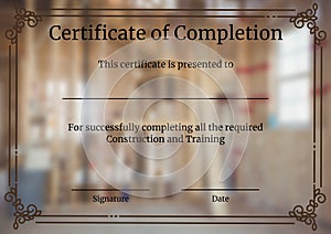 Composition of certificate of completion text with copy space on out of focus background