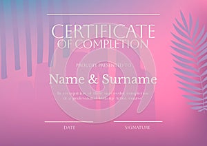 Composition of certificate of completion text with copy space on pink background