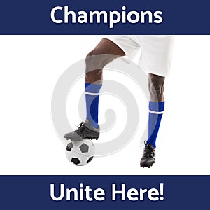 Composition of champions unite here text over african american football player on white background