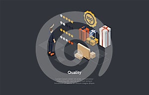 Composition With Character And Text. Isometric Vector Illustration, Cartoon 3D Style. Quality Rating Concept. Products