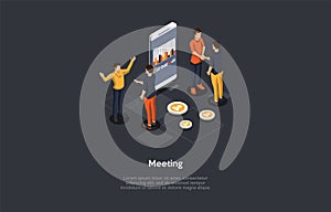 Composition With Characters And Text. Isometric Vector Illustration, Cartoon 3D Style. Meeting Concept. Group Of People