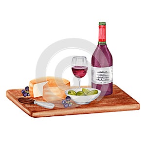 Composition with cheese, red wine, bottle, glass, plate, olives and knife on wooden board. Hand drawn watercolor illustration
