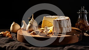 Cheese and wooden on a dark background generated by AI tool. photo