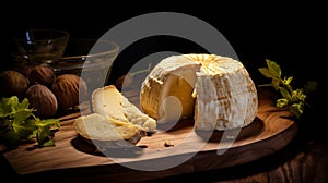 Cheese and wooden on a dark background generated by AI tool. photo