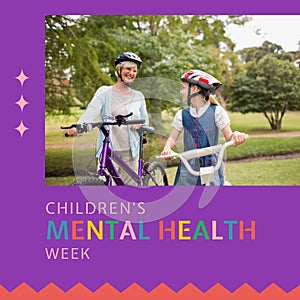 Composition of children\'s mental health week text and grandmother and granddaughter on bikes