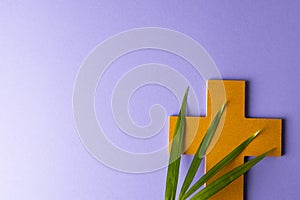 Composition of christian ash wednesday cross and palm leaves on purple background with copy space