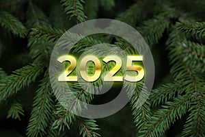 Composition with Christmas tree and number 2025 as a symbol of the coming New Year. Holiday background or greeting card. Top view