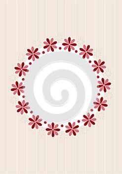 Composition of circular frame of repeated pink flower head design on off-white background