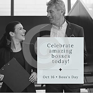 Composition of clebrate amazing bosses today and oct 16 boss\'s day text over diverse business people