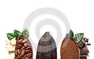 Composition with cocoa pods and chocolate on white background