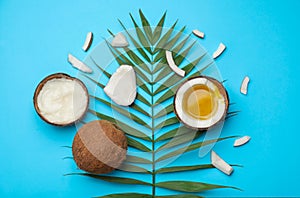 Composition with coconut oil on color background. Healthy cooking