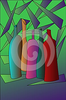 Composition of colored glass bottles on a dark background. Vector illustration