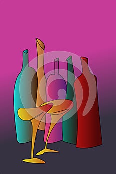 Composition of colored glass bottles on a dark background. Vector illustration