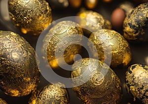 Composition of coloured and golden eggs, with artistic decorations, with depth of field, photographic lighting and close-ups.