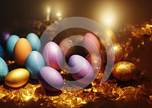 Composition of coloured and golden eggs, with artistic decorations, with depth of field, photographic lighting and close-ups.