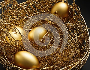 Composition of coloured and golden eggs, with artistic decorations, with depth of field, photographic lighting and close-ups.