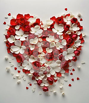 A composition with a combination of white, red flowers and petals arranged in a heart shape