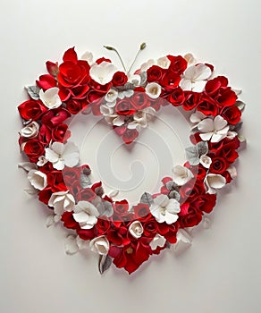 A composition with a combination of white, red, silver flowers, leaves and petals arranged in a heart shape