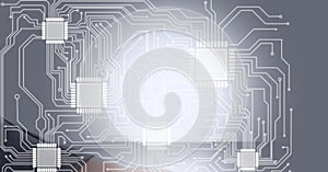 Composition of computer circuit board over handshake and cityscape