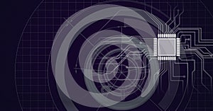 Composition of computer microchip with motherboard circuits and circular scopes on black