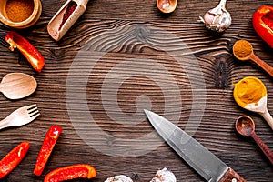 Composition of cooking tools and spices top view space for text