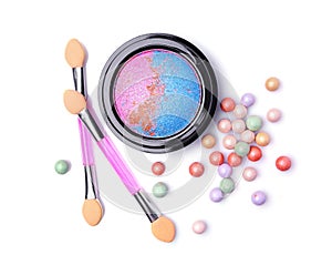 Composition of cosmetics with eyeshadows, face powder balls and applicators