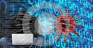 Composition of covid 19 cell virus over binary coding and hacker with laptop