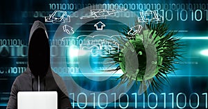 Composition of covid 19 cell virus over binary coding and hacker with laptop