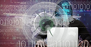 Composition of covid 19 virus cell and binary coding data processing over hacker using laptop
