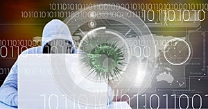 Composition of covid 19 virus cell and binary coding data processing over hacker using laptop