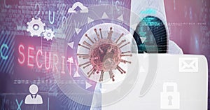 Composition of covid 19 virus cell and binary coding data processing over hacker using laptop