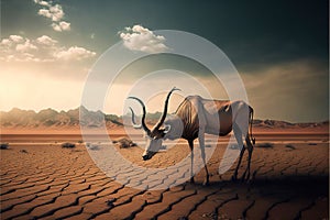 Composition of cracked desert and lonely starving antelope created using generative ai technology