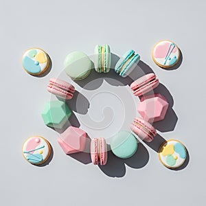 The composition creates a visually appealing pattern using soft pastel