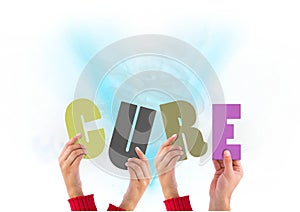 Composition of cure multi coloured letters held by people with blue smoke