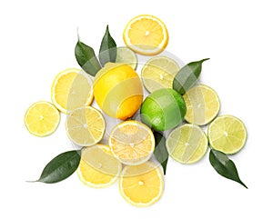 Composition with cut citrus fruits on white background